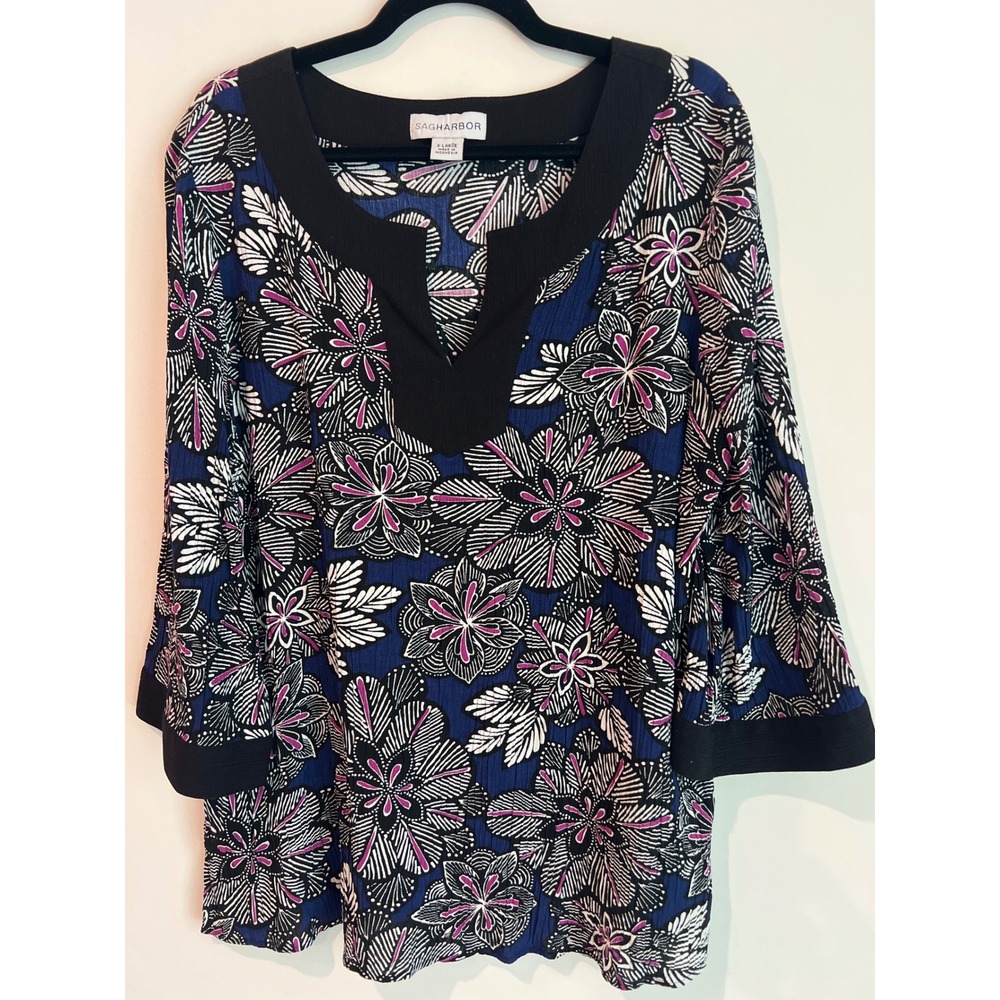 Sag Harbor Women's Size XL Blue Floral Tunic Top Long Sleeve V-Neck Blouse